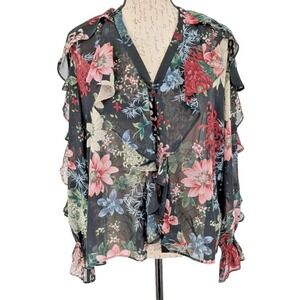 VICTORIAN Dark Fairy Blouse Top MEDIUM Black Floral Button Up Ruffles Excellent
